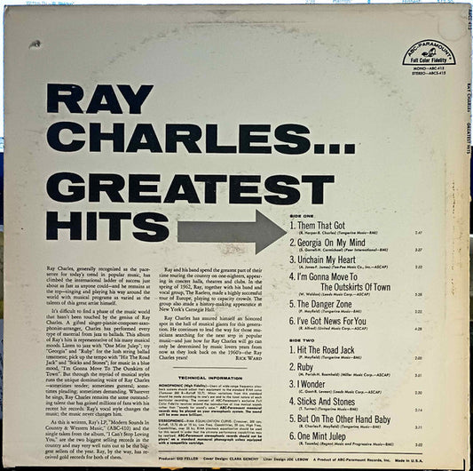Ray Charles : Greatest Hits (LP, Comp, RP, Tru)