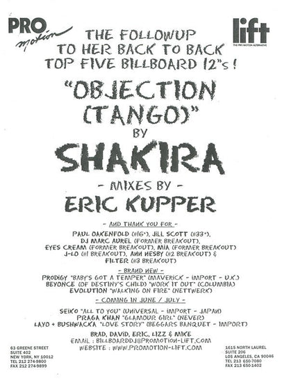 Shakira : Objection (Tango) Remixes By Eric Kupper  (12", Single, Promo)