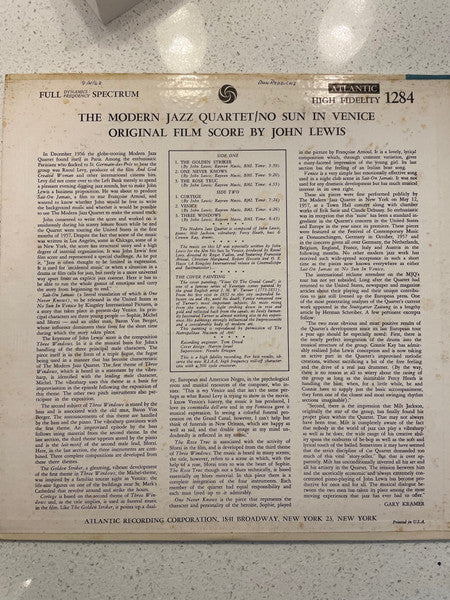 The Modern Jazz Quartet : The Modern Jazz Quartet Plays One Never Knows - Original Film Score For “No Sun In Venice” (LP, Mono)