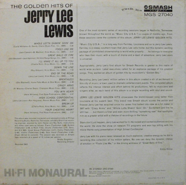 Jerry Lee Lewis : The Golden Hits Of Jerry Lee Lewis (LP, Album, Mono)