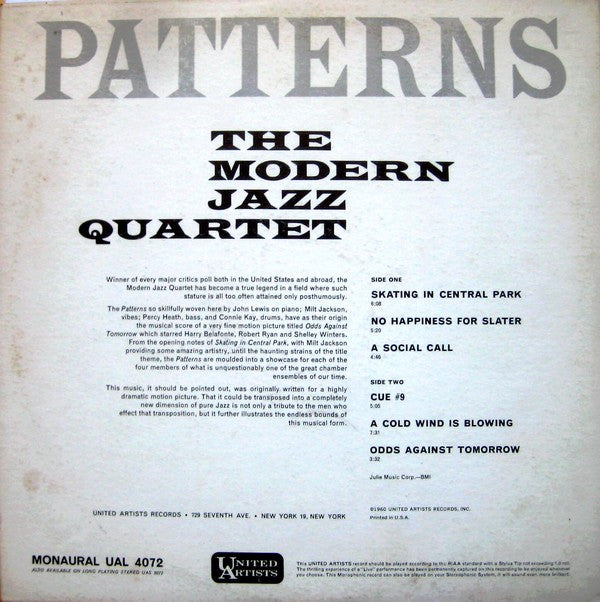 The Modern Jazz Quartet : Patterns (LP, Album, Mono)