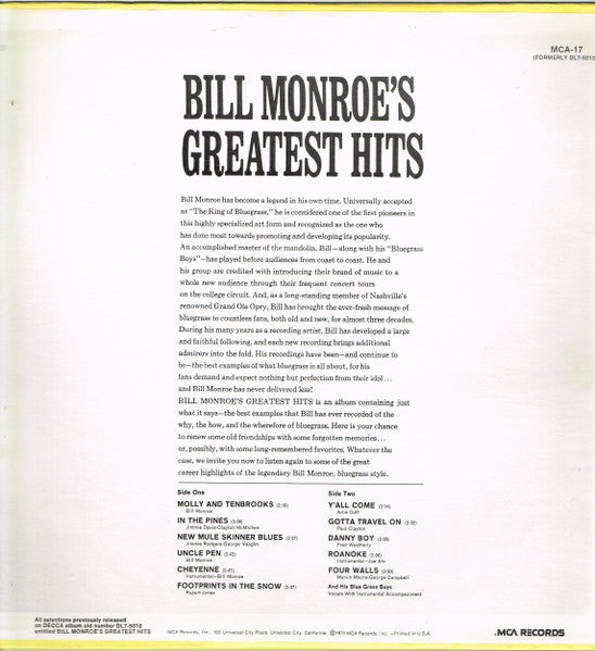 Bill Monroe : Bill Monroe's Greatest Hits (LP, Comp, RE)