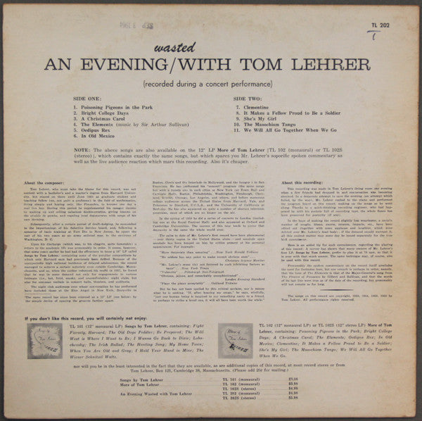 Tom Lehrer : An Evening Wasted With Tom Lehrer (LP, Album, Mono, Roc)