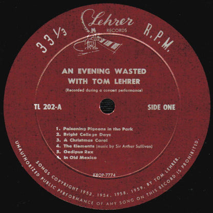 Tom Lehrer : An Evening Wasted With Tom Lehrer (LP, Album, Mono, Roc)