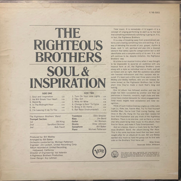 The Righteous Brothers : Soul & Inspiration (LP, Album, Mono)