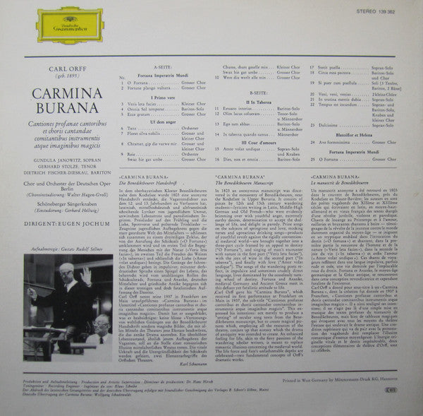 Carl Orff, Gundula Janowitz ∙ Gerhard Stolze ∙ Dietrich Fischer-Dieskau, Orchester Der Deutschen Oper Berlin, Eugen Jochum : Carmina Burana (LP, Gat)