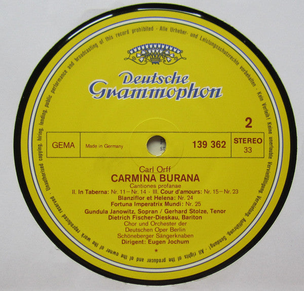 Carl Orff, Gundula Janowitz ∙ Gerhard Stolze ∙ Dietrich Fischer-Dieskau, Orchester Der Deutschen Oper Berlin, Eugen Jochum : Carmina Burana (LP, Gat)