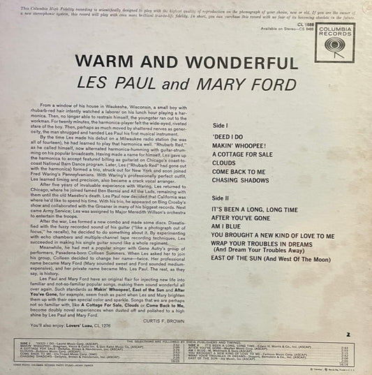 Les Paul & Mary Ford : Warm And Wonderful (LP, Album, Mono, Pit)