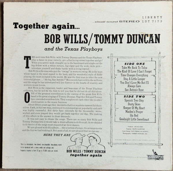 Bob Wills / Tommy Duncan* And The Texas Playboys : Together Again (LP, Album, Ind)