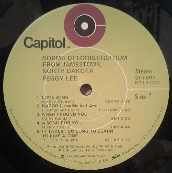 Peggy Lee : Norma Deloris Egstrom From Jamestown North Dakota (LP)