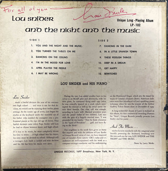 Lou Snider (2) : Lou Snider...And The Night...And The Music (LP, Album, Mono)