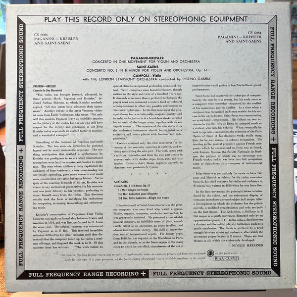 Campoli*, Paganini* - Kreisler* / Saint-Saëns*, The London Symphony Orchestra* Conducted By Pierino Gamba : Concerto In One Movement For Violin And Orchestra / Concerto No. 3 In B Minor For Violin And Orchestra Opus 61 (LP)