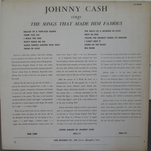 Johnny Cash : Sings The Songs That Made Him Famous (LP, Album, Club, RE, Cap)