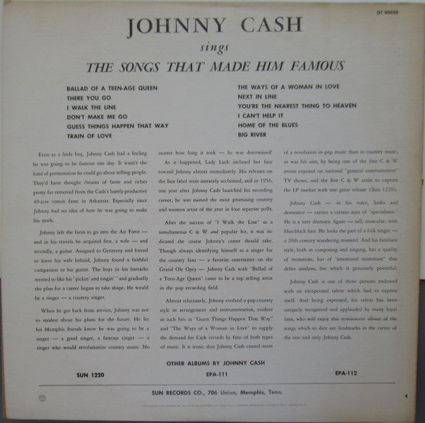 Johnny Cash : Sings The Songs That Made Him Famous (LP, Album, Club, RE, Cap)