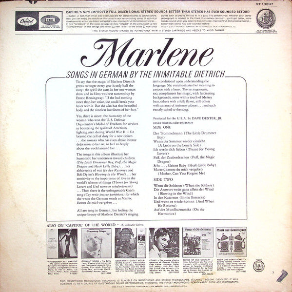 Marlene Dietrich : Songs In German By The Inimitable Dietrich (LP, Album, Scr)