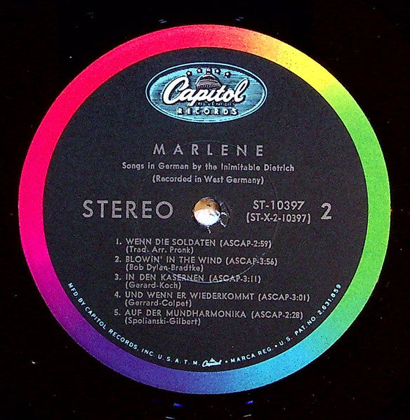 Marlene Dietrich : Songs In German By The Inimitable Dietrich (LP, Album, Scr)
