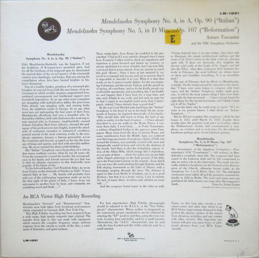 Arturo Toscanini, NBC Symphony Orchestra, Mendelssohn* : Italian And Reformation Symphonies (LP, Album, Mono)