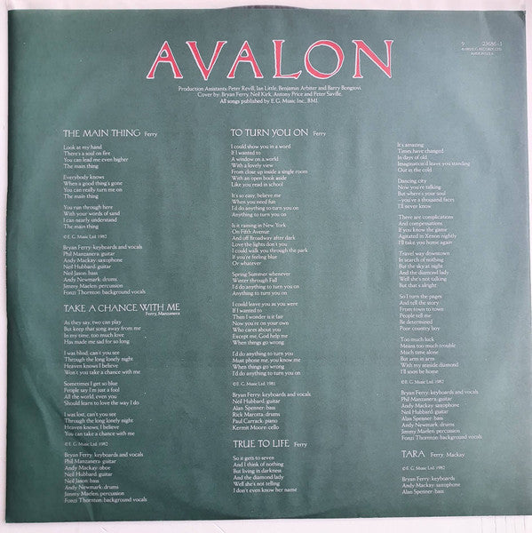 Roxy Music : Avalon (LP, Album, Win)