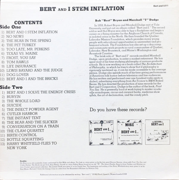 Robert Bryan (2) and Marshall Dodge : Bert And I Stem Inflation (LP, Album)