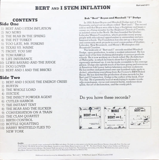 Robert Bryan (2) and Marshall Dodge : Bert And I Stem Inflation (LP, Album)