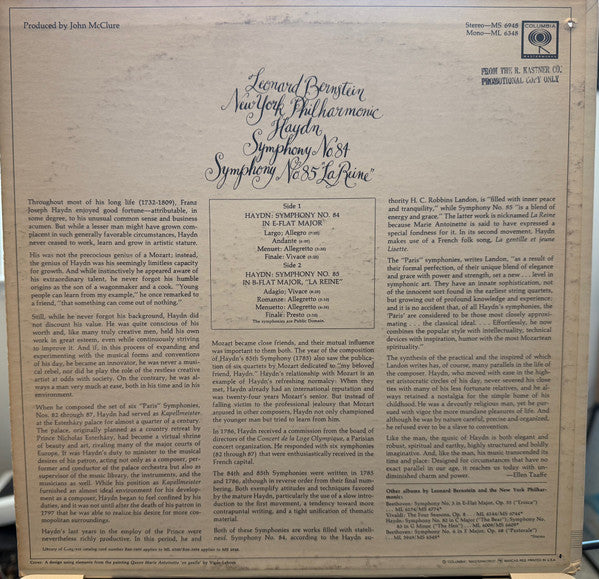 Joseph Haydn - New York Philharmonic, Leonard Bernstein : Symphony No. 84 - Symphony No. 85 "La Reine" (LP, Mono)