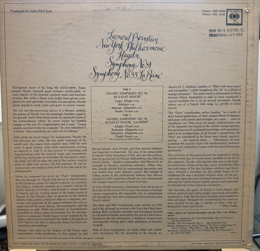 Joseph Haydn - New York Philharmonic, Leonard Bernstein : Symphony No. 84 - Symphony No. 85 "La Reine" (LP, Mono)