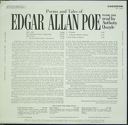 Edgar Allan Poe Read By Anthony Quayle : Poems & Tales Of Edgar Allen Poe - Volume 4 The Purloined Letter And Poems (LP)