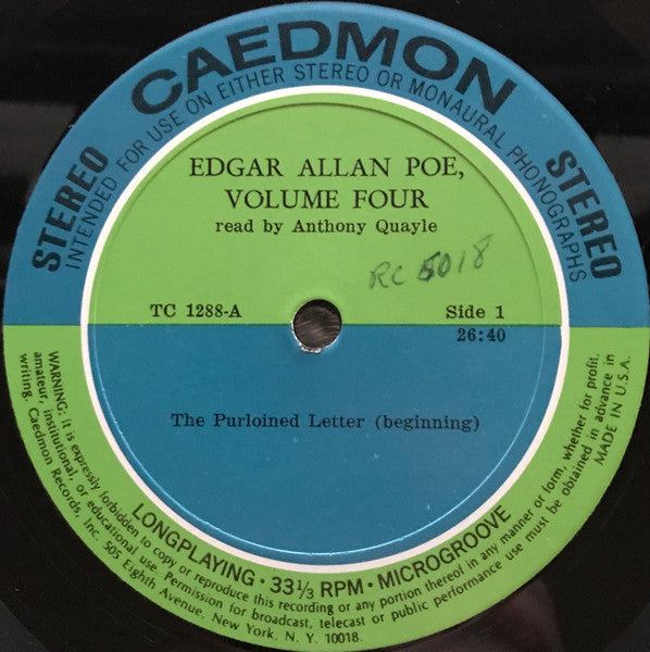 Edgar Allan Poe Read By Anthony Quayle : Poems & Tales Of Edgar Allen Poe - Volume 4 The Purloined Letter And Poems (LP)