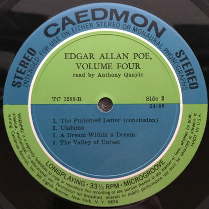 Edgar Allan Poe Read By Anthony Quayle : Poems & Tales Of Edgar Allen Poe - Volume 4 The Purloined Letter And Poems (LP)