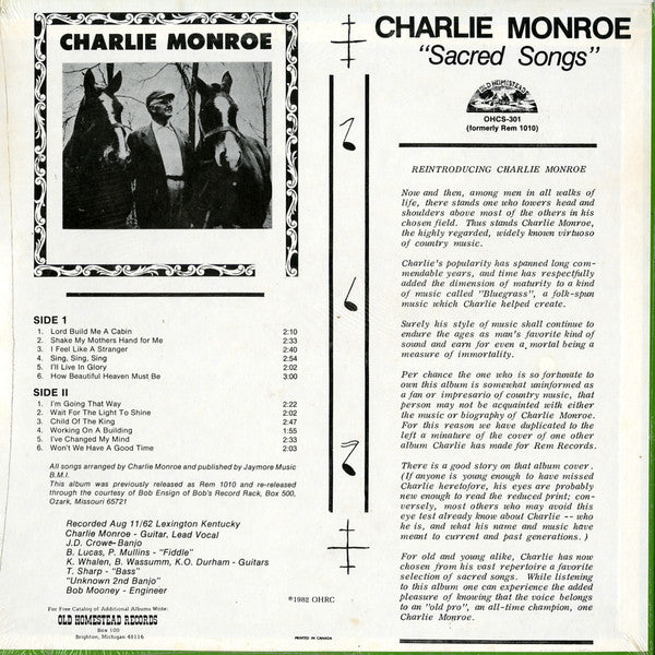 Charlie Monroe : Sacred Songs (LP, RE)