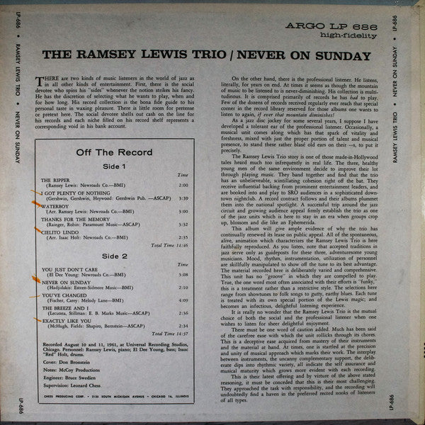 The Ramsey Lewis Trio : Never On Sunday (LP, Album)