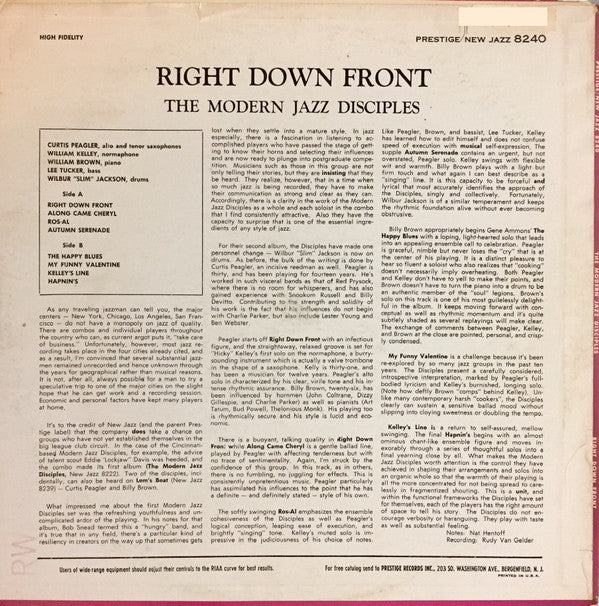 The Modern Jazz Disciples : Right Down Front (LP, Album, Mono)