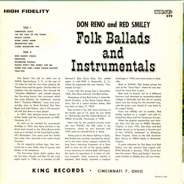 Don Reno And Red Smiley* : Folk Ballads And Instrumentals (LP, Album, Mono, RE, Sma)