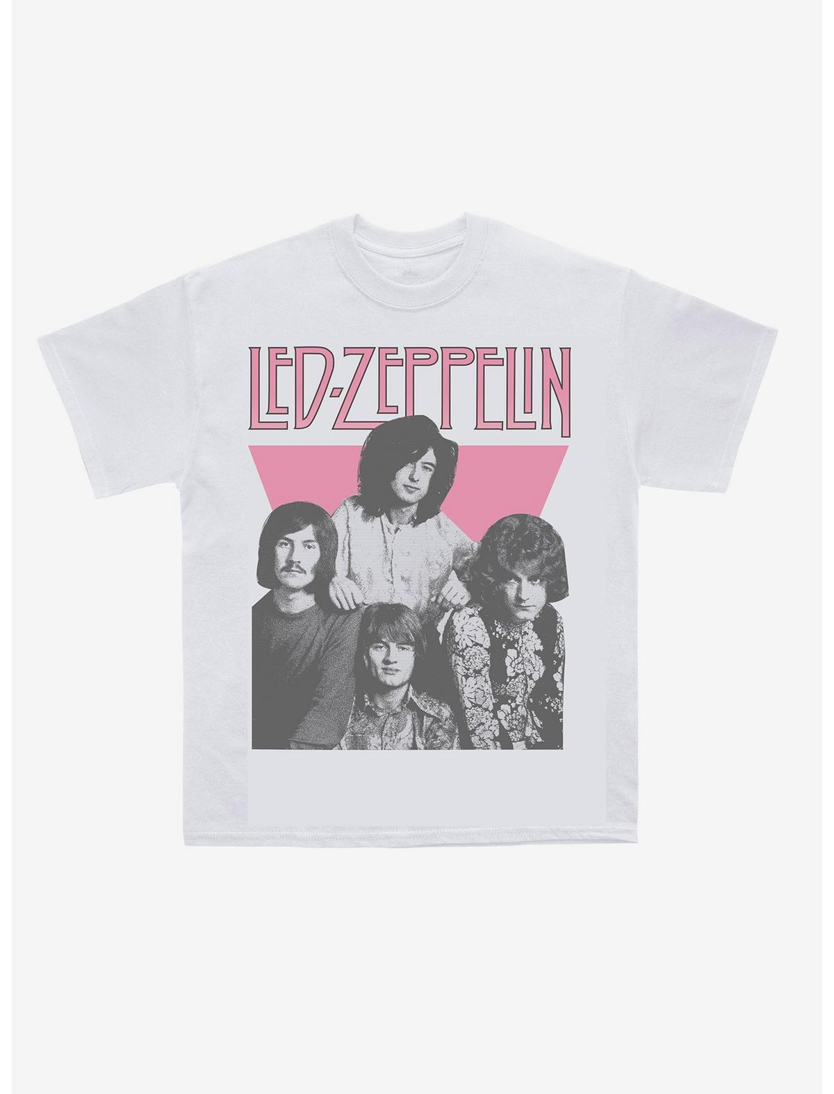 White t-shirt with Led Zeppelin graphic design on a white background