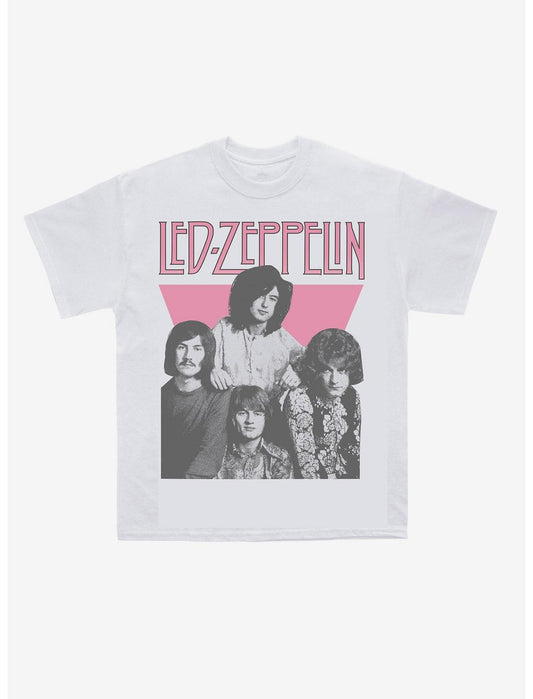 White t-shirt with Led Zeppelin graphic design on a white background