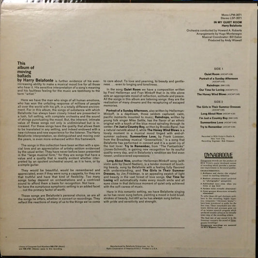 Harry Belafonte : In My Quiet Room (LP, Album)