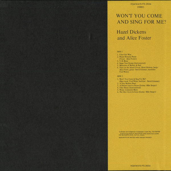 Hazel Dickens And Alice Gerrard : Won't You Come & Sing For Me? (LP, Album)