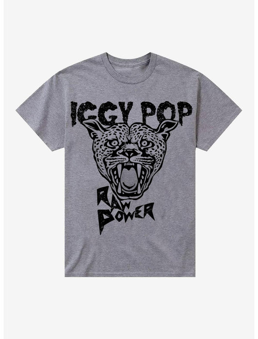 Gray t-shirt with black graphic of a panther and text 'IGGY POP RAW POWER' on a white background