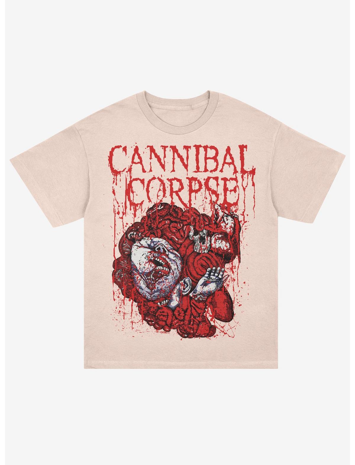 Beige t-shirt with 'Cannibal Corpse' graphic design on a white background
