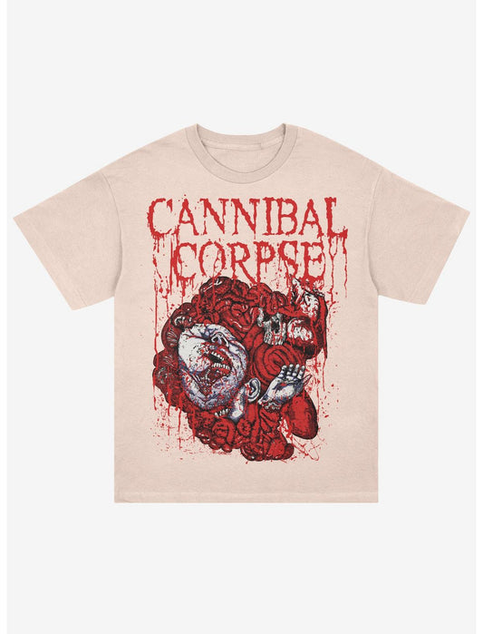 Beige t-shirt with 'Cannibal Corpse' graphic design on a white background