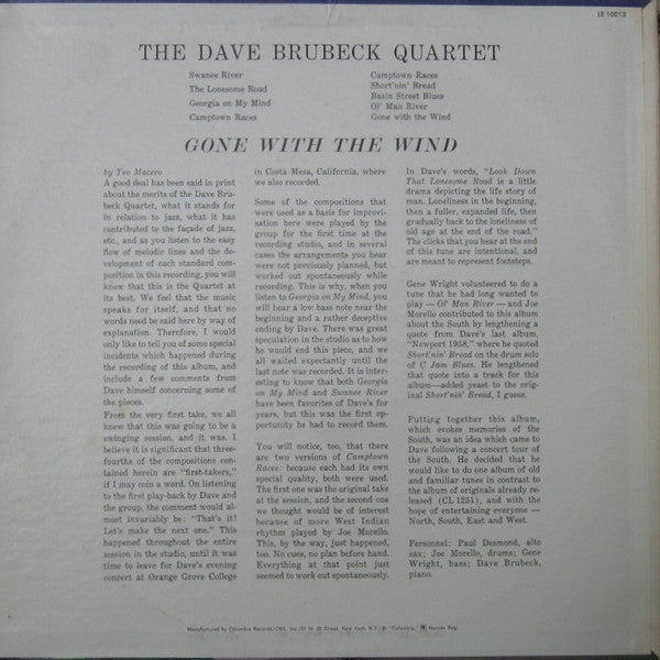 The Dave Brubeck Quartet : Gone With The Wind (LP, Album, RE)