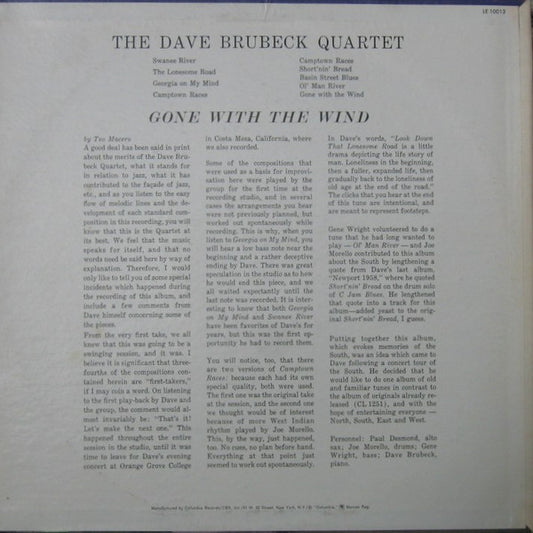The Dave Brubeck Quartet : Gone With The Wind (LP, Album, RE)