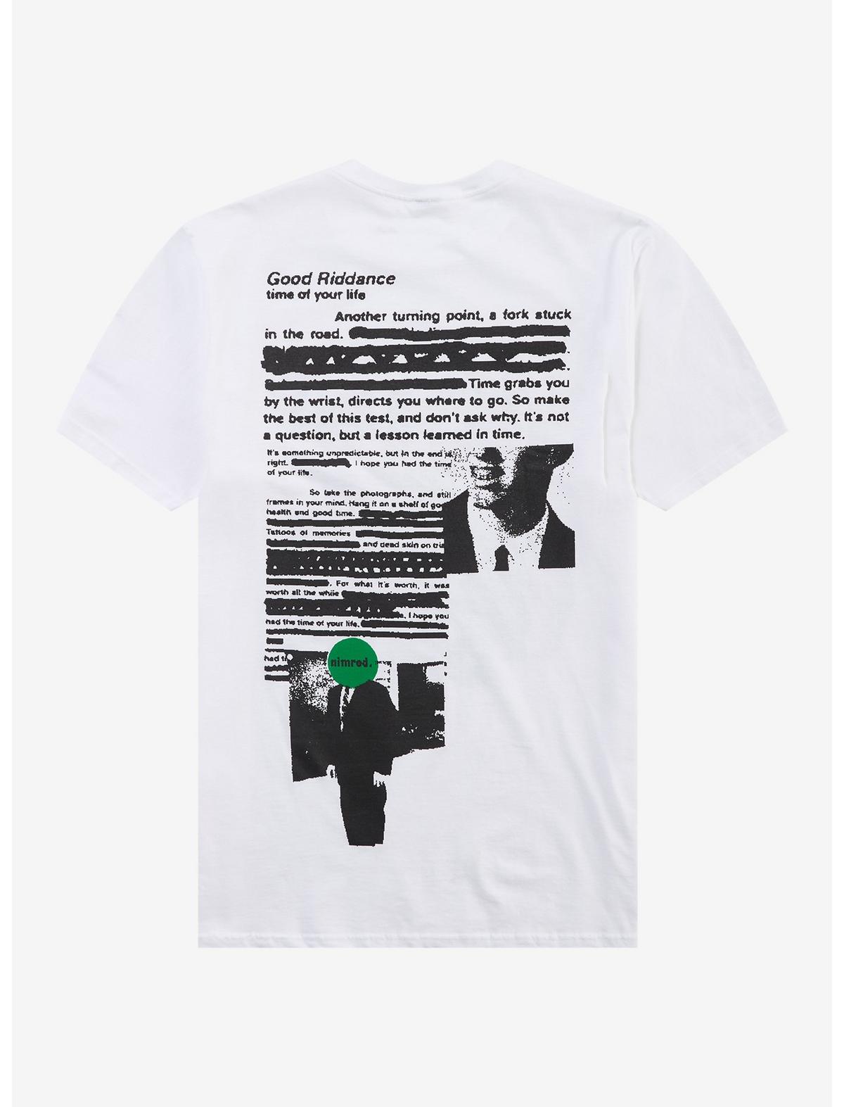 White t-shirt with graphic design and text on a white background