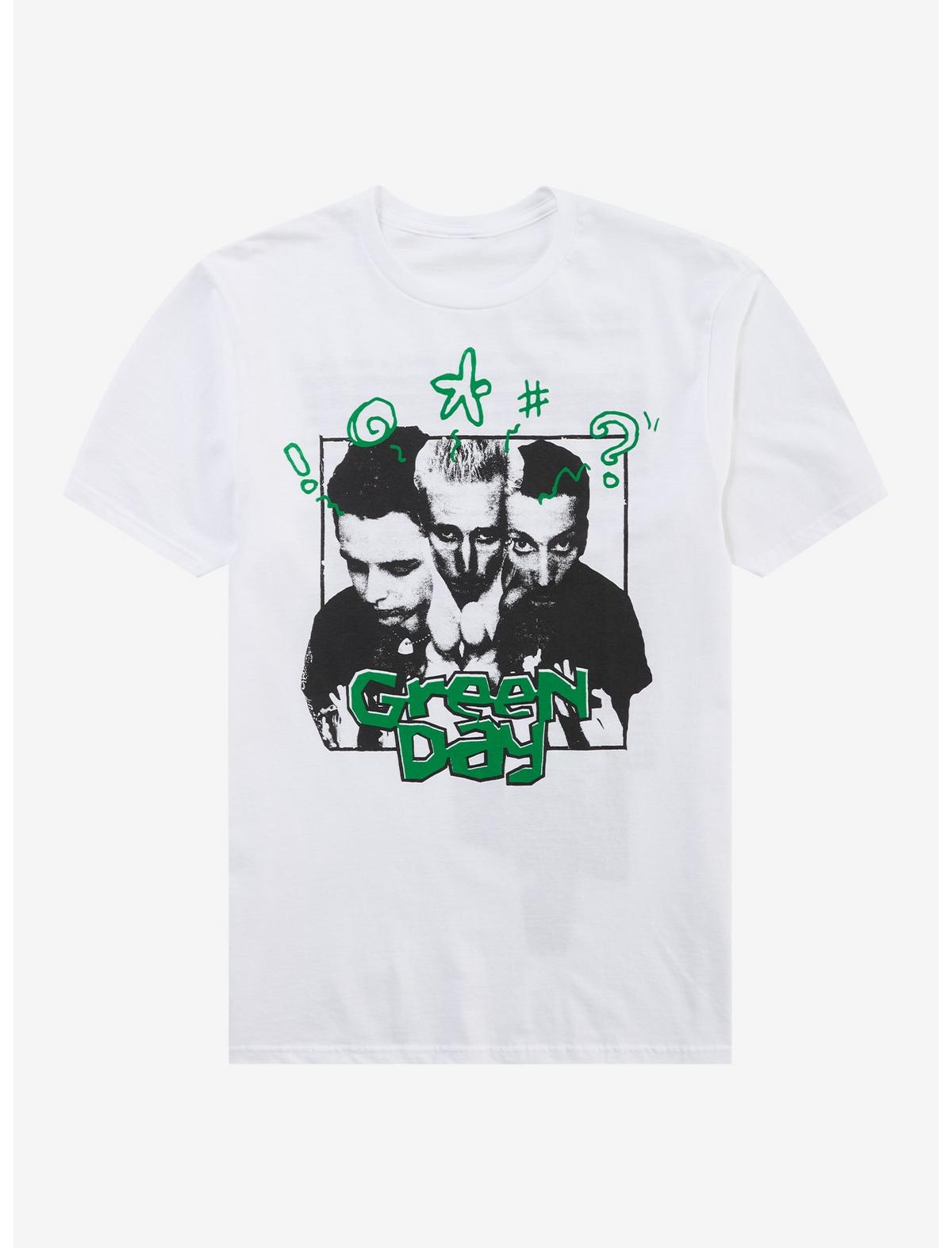White t-shirt with Green Day graphic design on a white background
