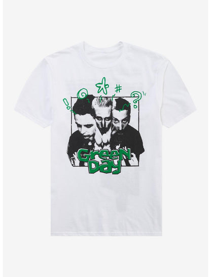White t-shirt with Green Day graphic design on a white background
