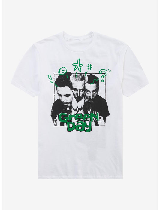 White t-shirt with Green Day graphic design on a white background