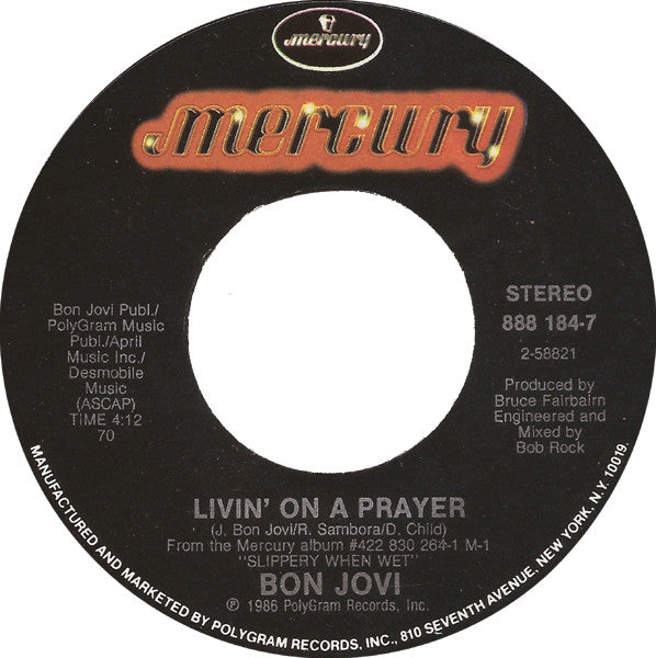 Bon Jovi : Livin' On A Prayer (7", Single, Styrene, Ind)