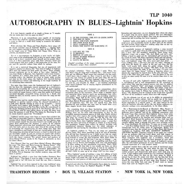 Lightnin' Hopkins : Autobiography In Blues (LP, Album)