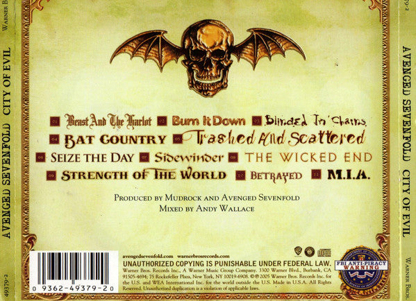 Avenged Sevenfold : City Of Evil (CD, Album, Ame)