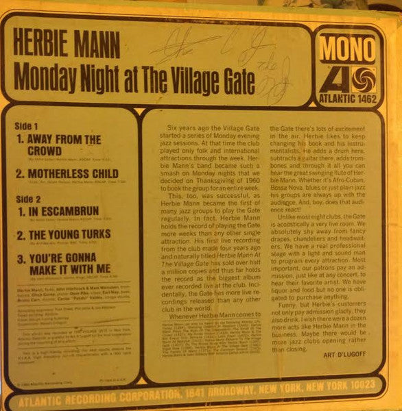 Herbie Mann : Monday Night At The Village Gate (LP, Album, Mono)
